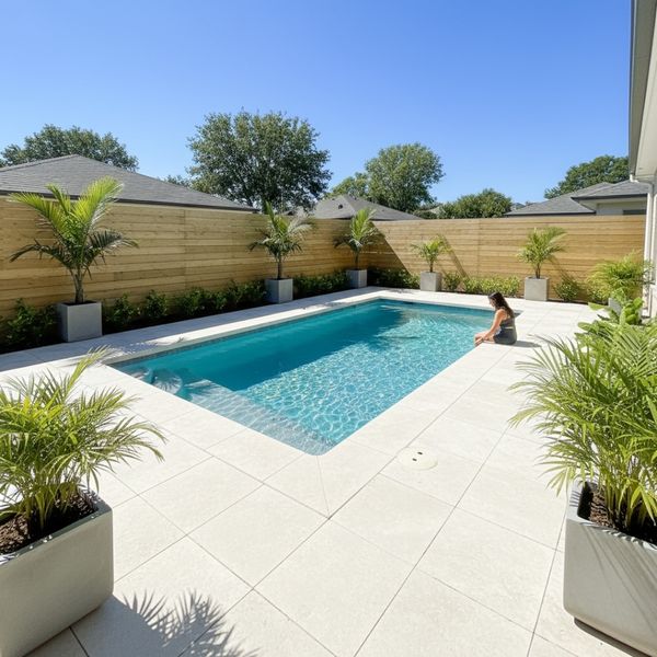 Inviting small pool with light patio pavers and lush greenery. Inviting small pool with light patio pavers and lush greenery.