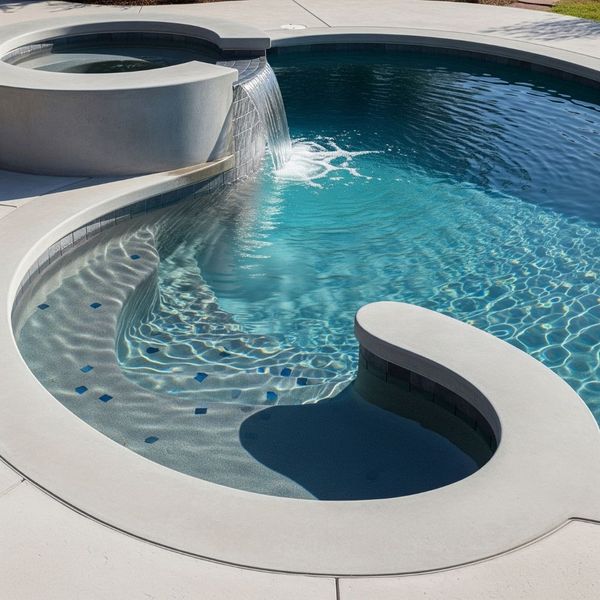 uniquely shaped concrete pool with a built-in bench