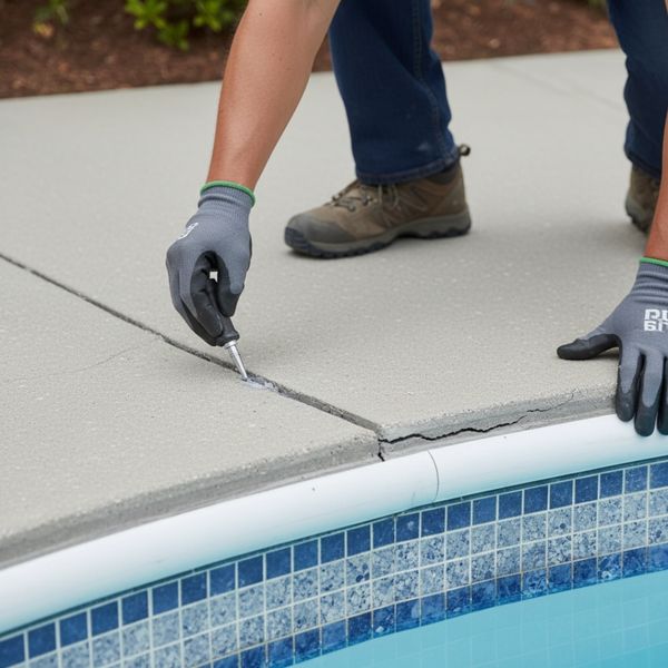 A worker applying sealant to a concrete crack by a pool. A worker applying sealant to a concrete crack by a pool.