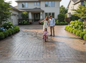 A young girl in a pink shirt rides a pink tricycle on a patterned concrete driveway while her parents stand behind her, smiling. Lush landscaping surrounds the drive and house. Family with child on tricycle on patterned driveway