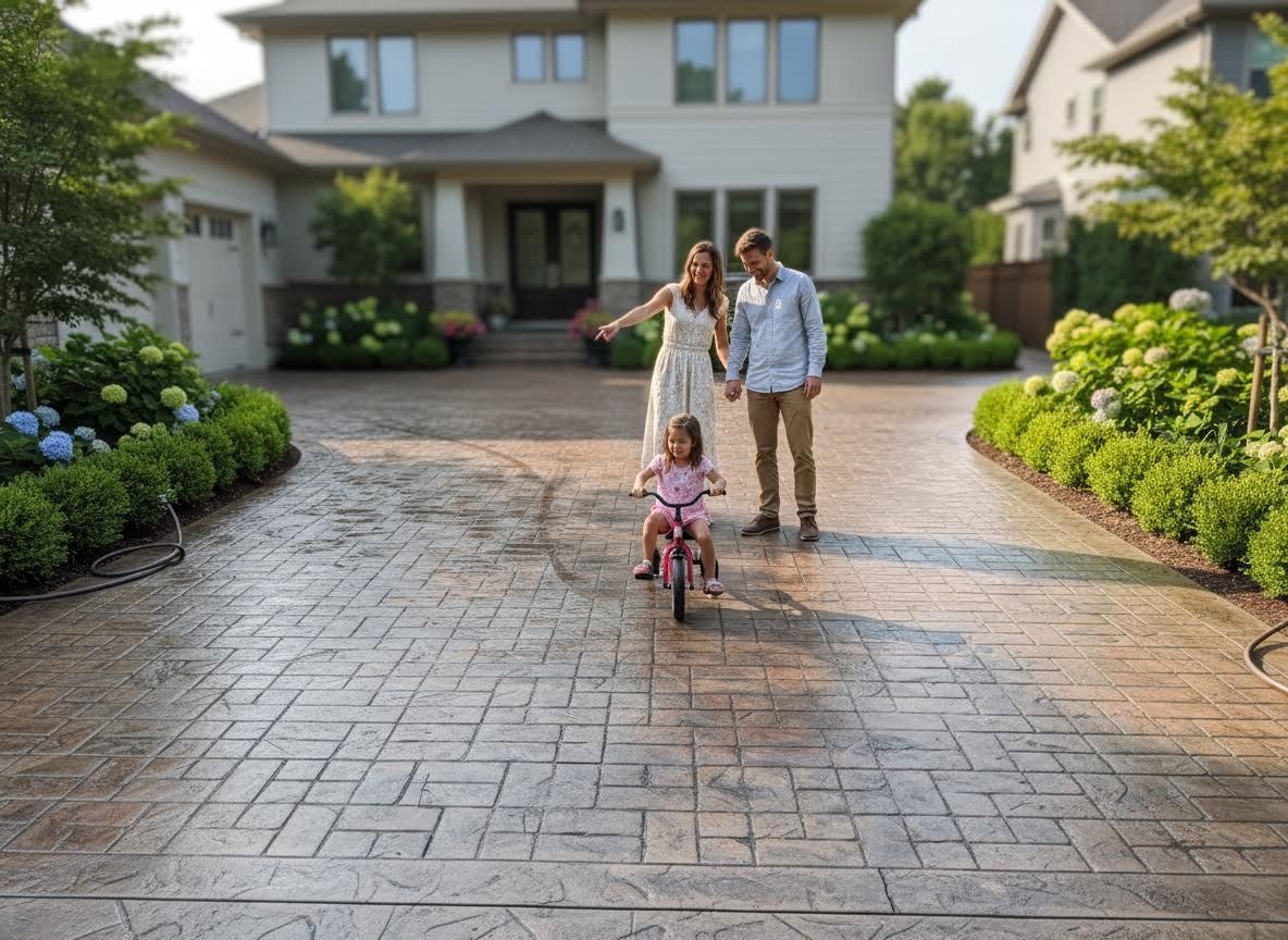 Family with child on tricycle on patterned driveway
