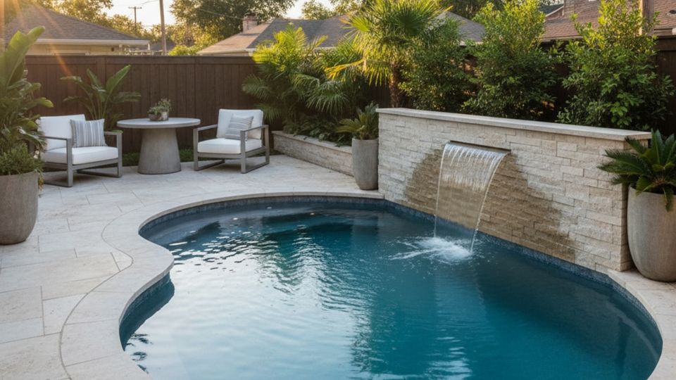 Small backyard with a stylish, compact pool and outdoor living area.