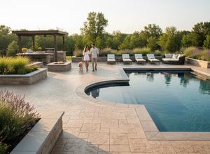 A couple with their golden retriever walks on a patterned patio by a pool, outdoor kitchen, fire pit, and lounge area. Luxury Pool Patio with Couple and Dog