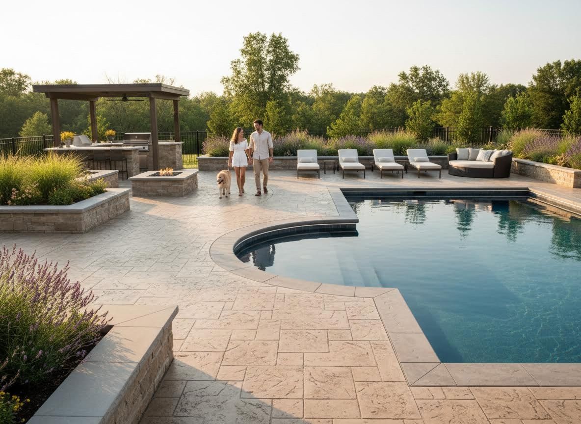 Luxury Pool Patio with Couple and Dog