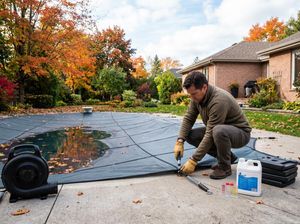 Man preparing outdoor pool for winter