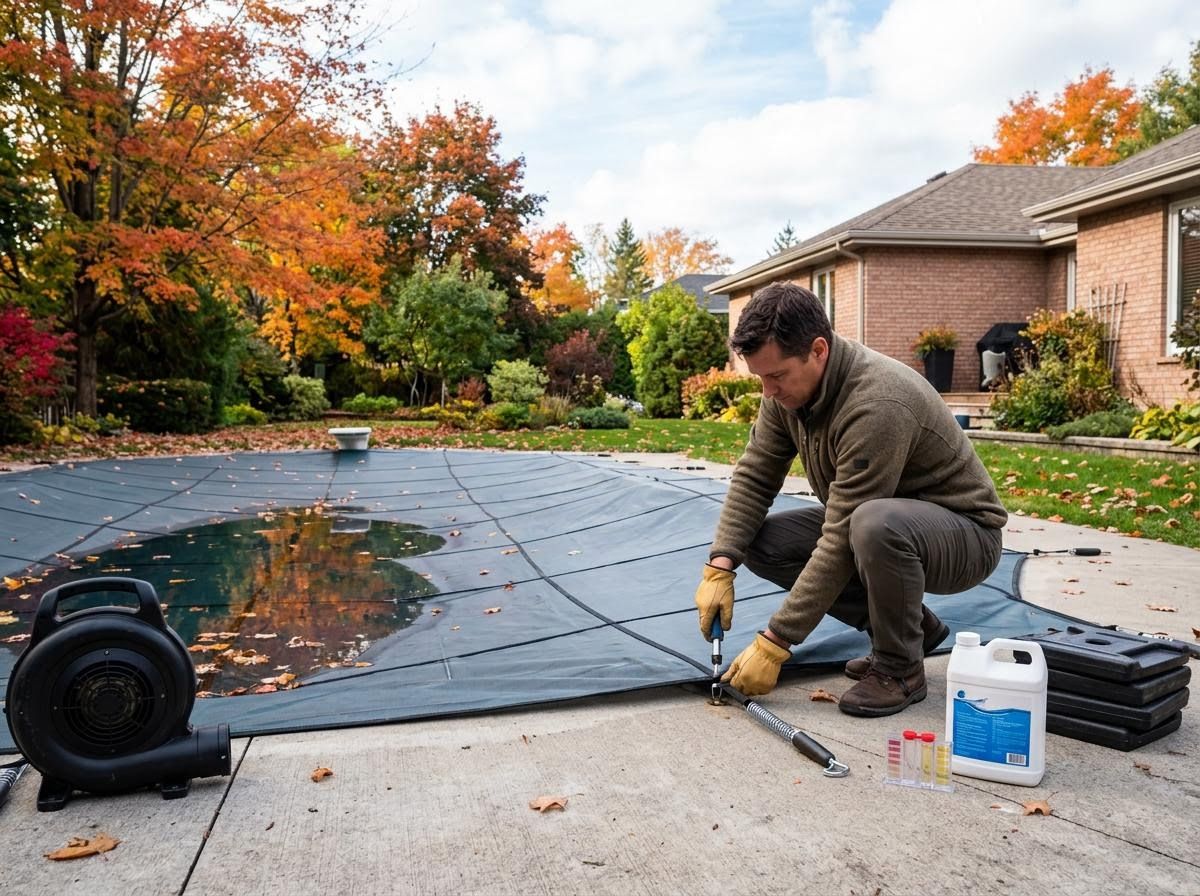 Man preparing outdoor pool for winter