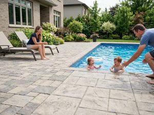 Family enjoying backyard pool and stone patio