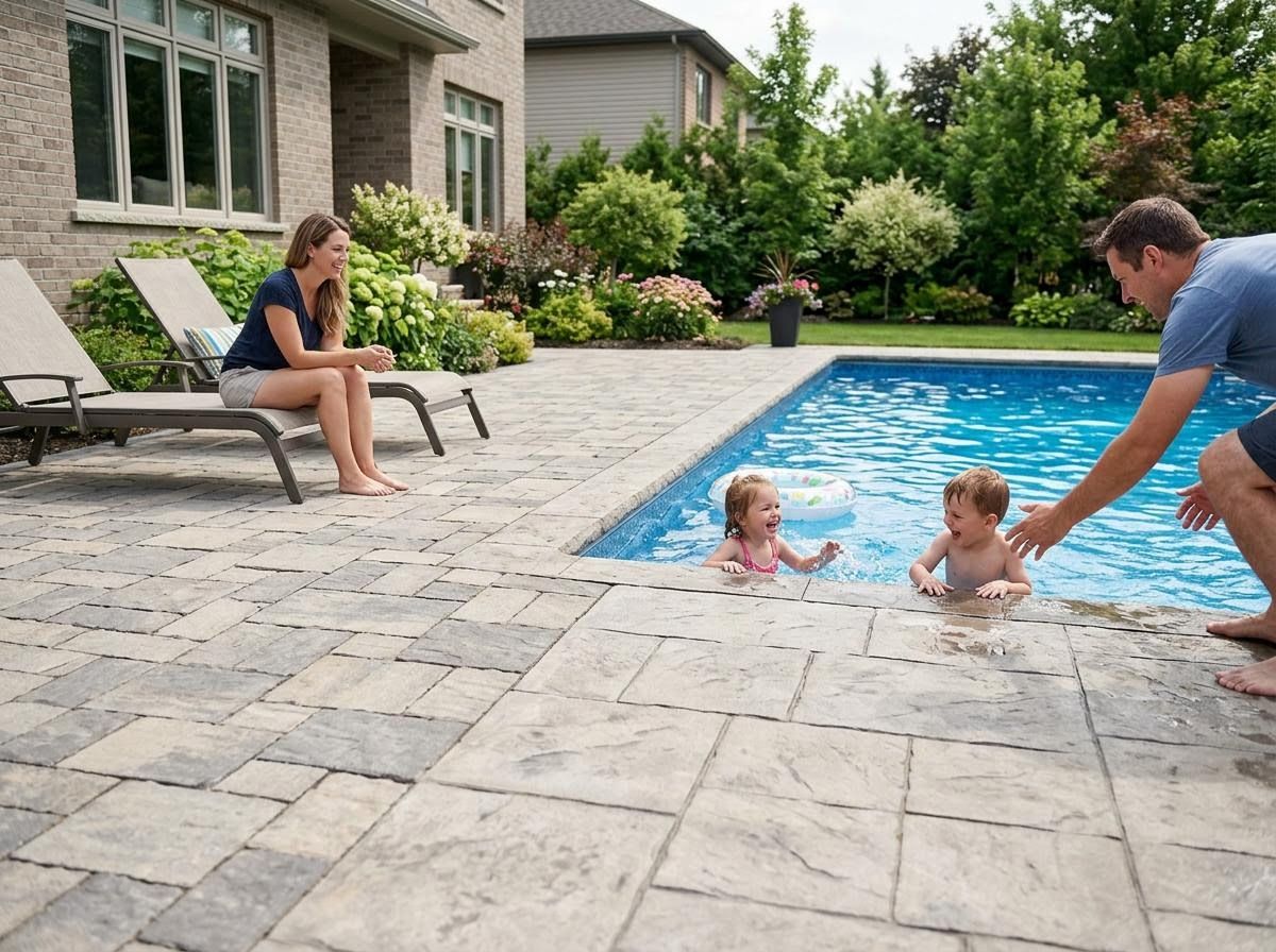 Family enjoying backyard pool and stone patio