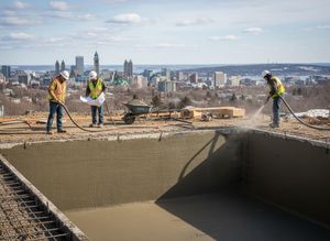 Workers apply shotcrete to a new pool, while others review plans. A city skyline with buildings and water stretches in the background. Construction workers building a concrete pool overlooking a city skyline