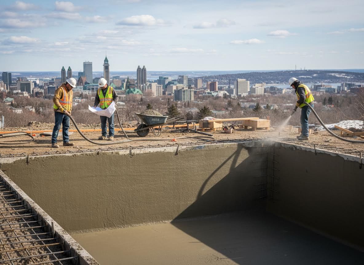 Construction workers building a concrete pool overlooking a city skyline