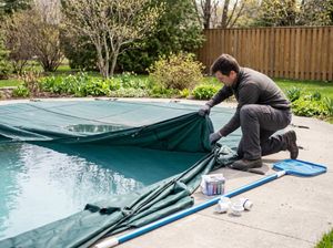 Man removing swimming pool cover for spring opening
