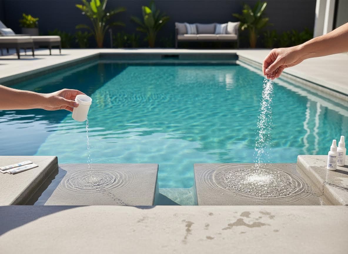 Hands Adding Pool Chemicals to a Modern Swimming Pool