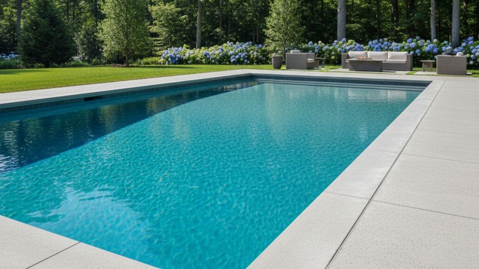 An in-ground pool with clear blue water and surrounding concrete.