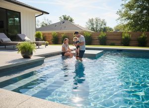 Family enjoying modern backyard pool with child