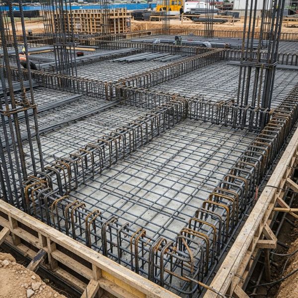 view of a concrete slab with steel rebar reinforcement laid out before the concrete is poured