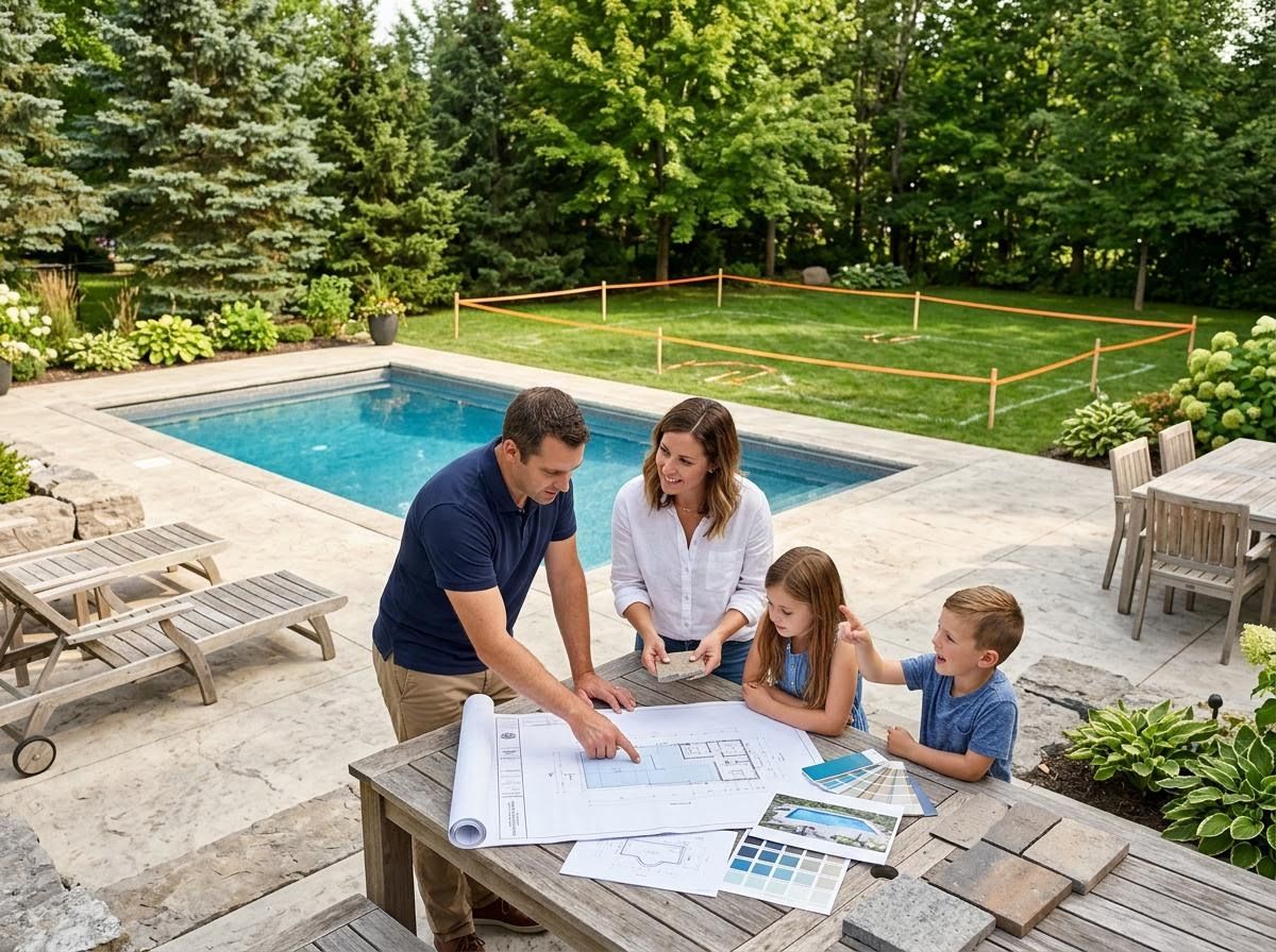 Family reviewing backyard renovation plans