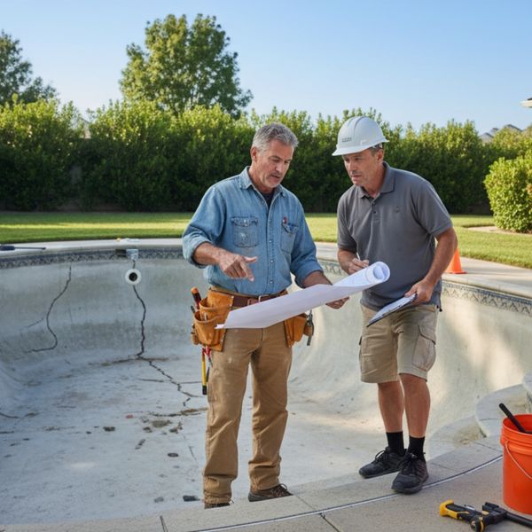 Pool builders discussing repair plans next to an in-ground pool. Pool builders discussing repair plans next to an in-ground pool.