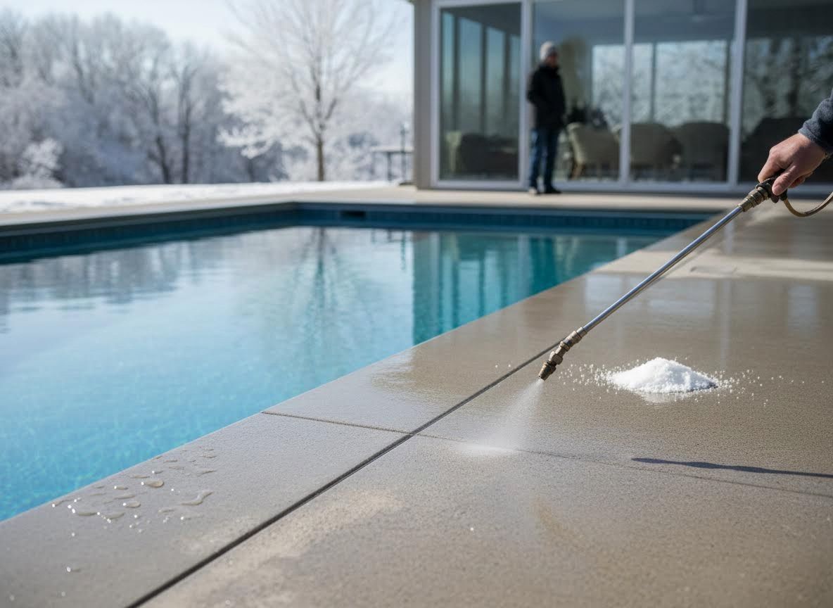 Spraying De-icing Salt on a Winter Pool Deck
