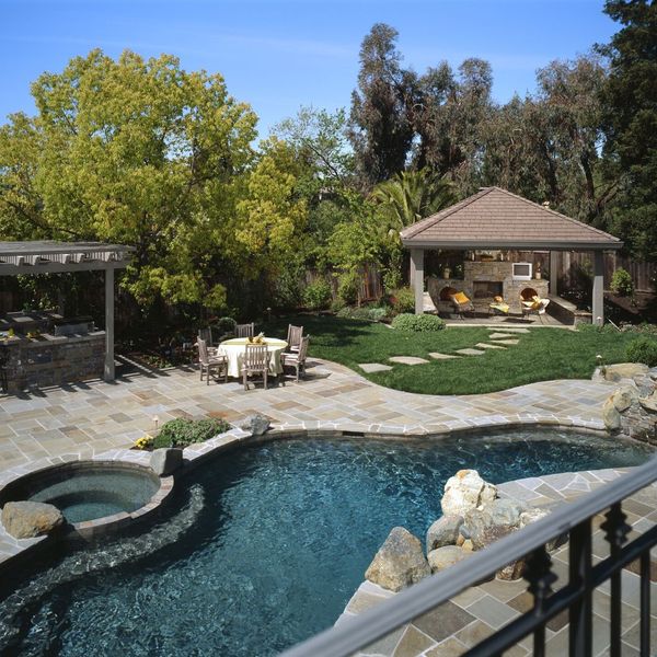 beautiful backyard with pool, patio and outdoor kitchen