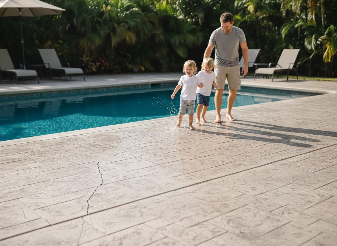 Father and two young sons splashing water on a decorative concrete pool deck