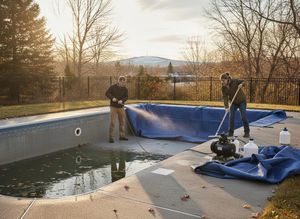 A man hoses a blue pool cover while a woman sweeps the deck, preparing a partially drained pool for the colder season. Two people cleaning a swimming pool in autumn