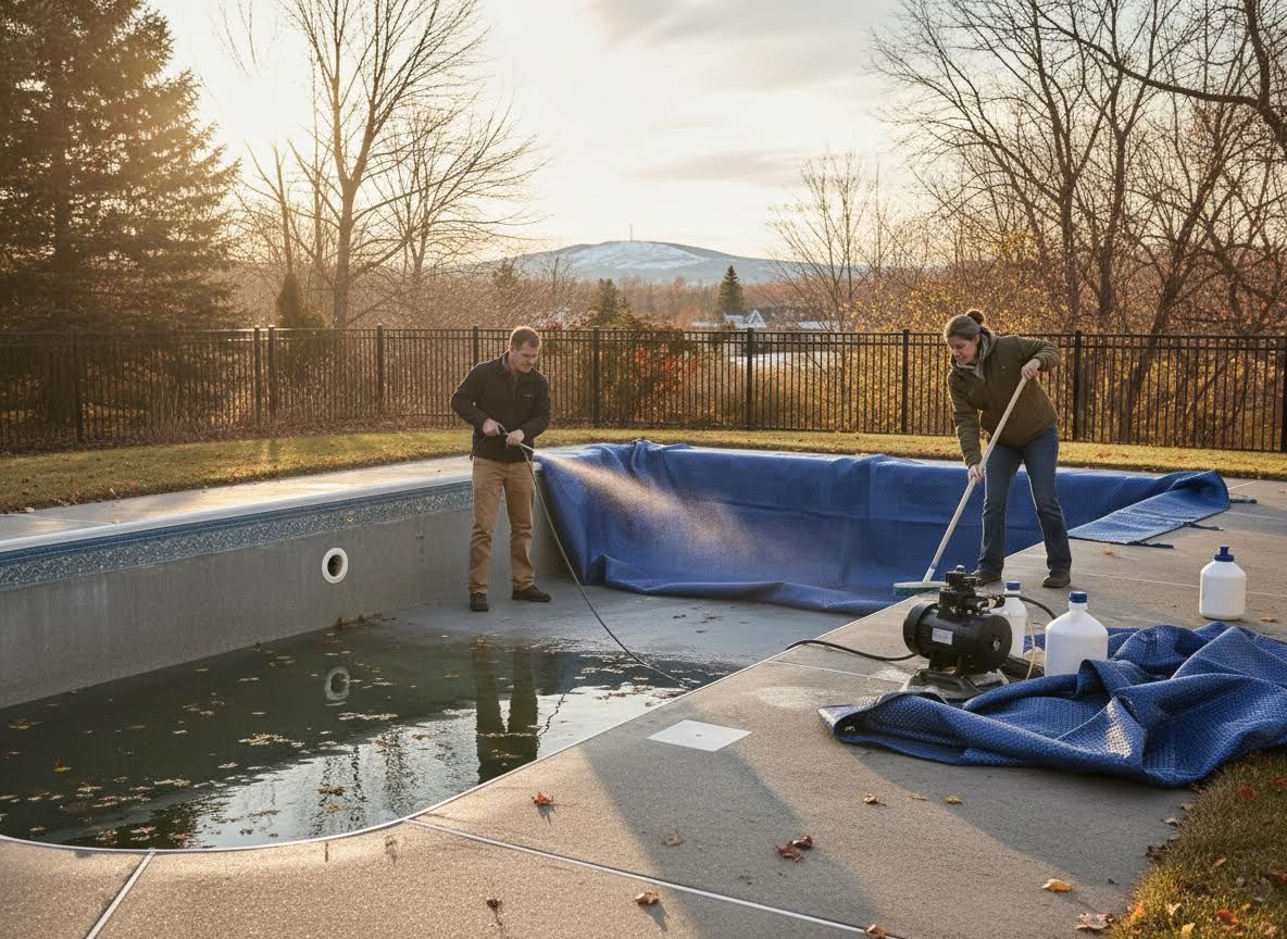 Two people cleaning a swimming pool in autumn