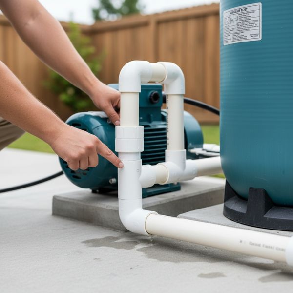 Hands inspecting pool pump equipment for leaks. Hands inspecting pool pump equipment for leaks.