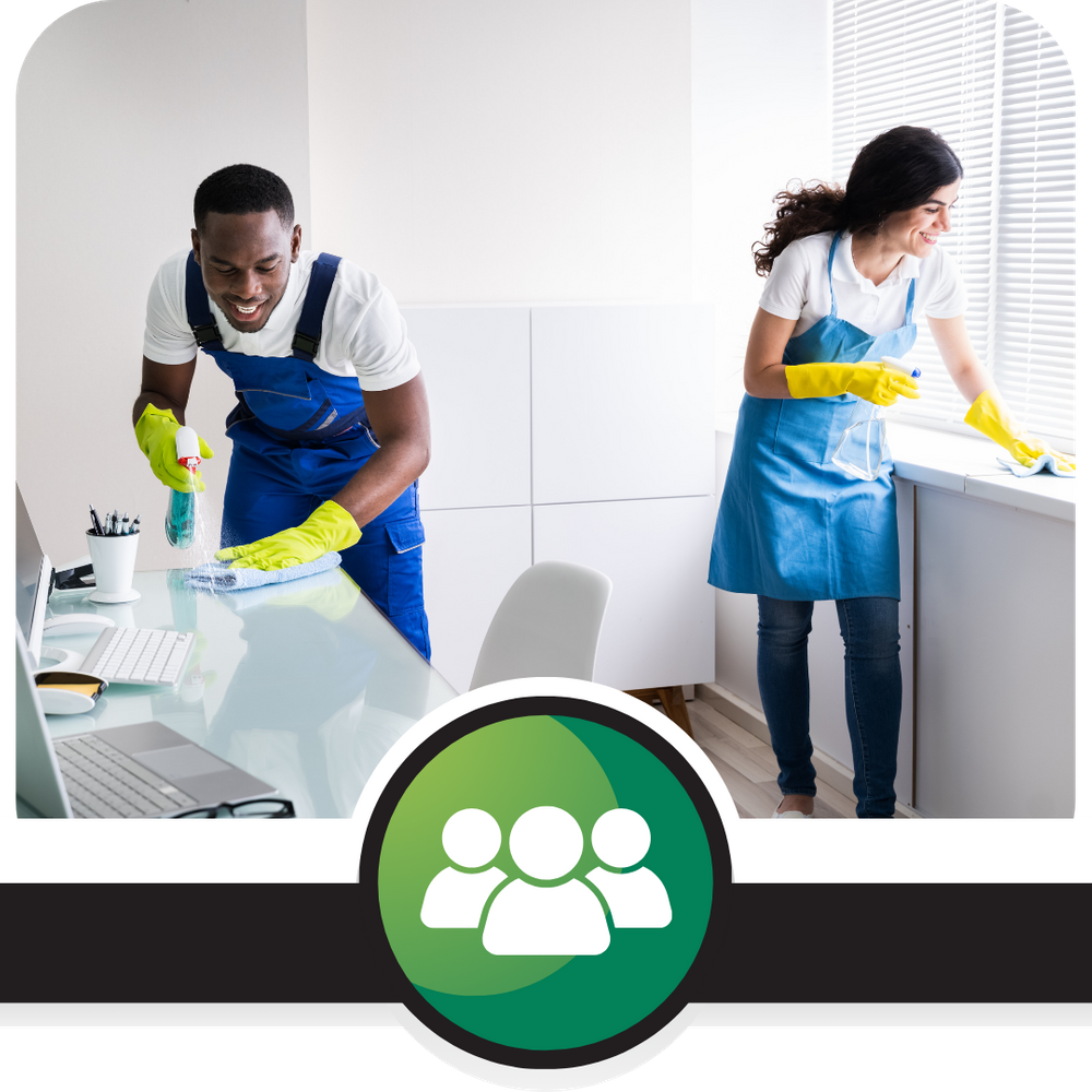 JOIN OUR TEAM - CTA - Crew members cleaning an office desk and shelf