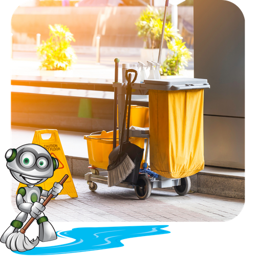 IMAGE OF CLEANING SUPPLIES IN A JANITORIAL CART AND THE T.H.A.O.C. ROBOT MOPPING