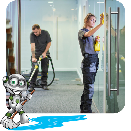 IMAGE OF CREW MEMBERS CLEANING A COMMERCIAL SPACE AND THE T.H.A.O.C. ROBOT MOPPING