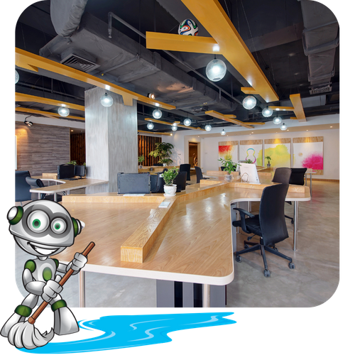 IMAGE OF A CLEAN OFFICE AND THE T.H.A.O.C. ROBOT MOPPING