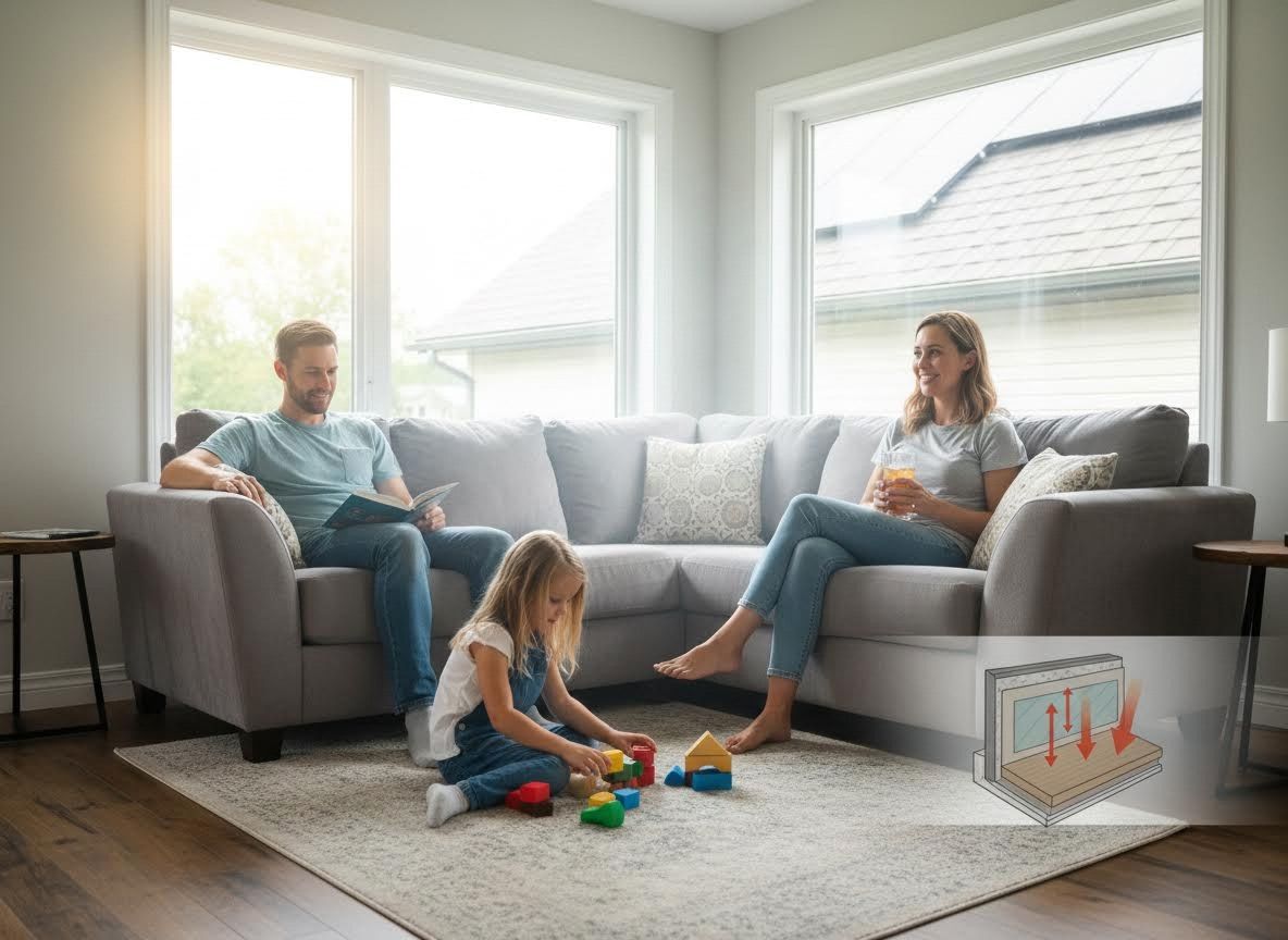 Family relaxing in a bright living room with energy-efficient windows