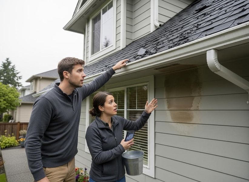 A concerned couple points at a clogged gutter and a large water stain on the siding of their house. Couple inspects house gutter and water damage