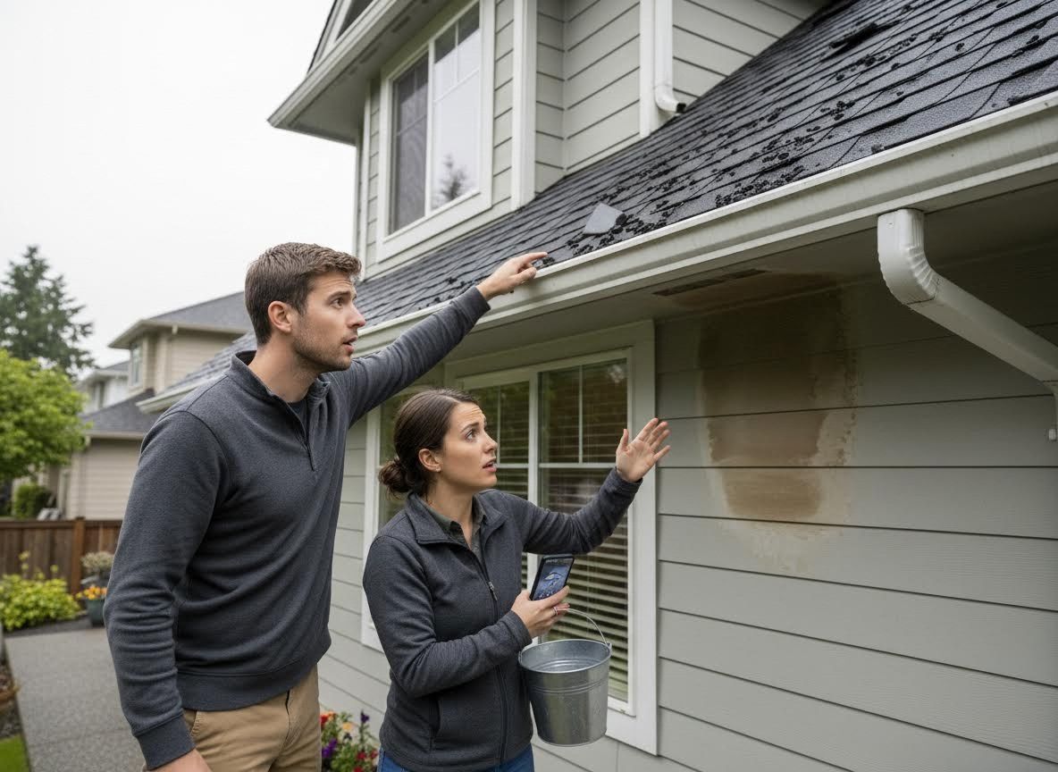 Couple inspects house gutter and water damage