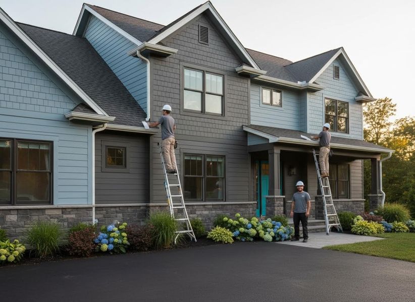 Two workers in hard hats install new light-colored gutters on a large, modern blue and gray house with stone veneer and landscaping. Gutter installation on a modern blue and gray house