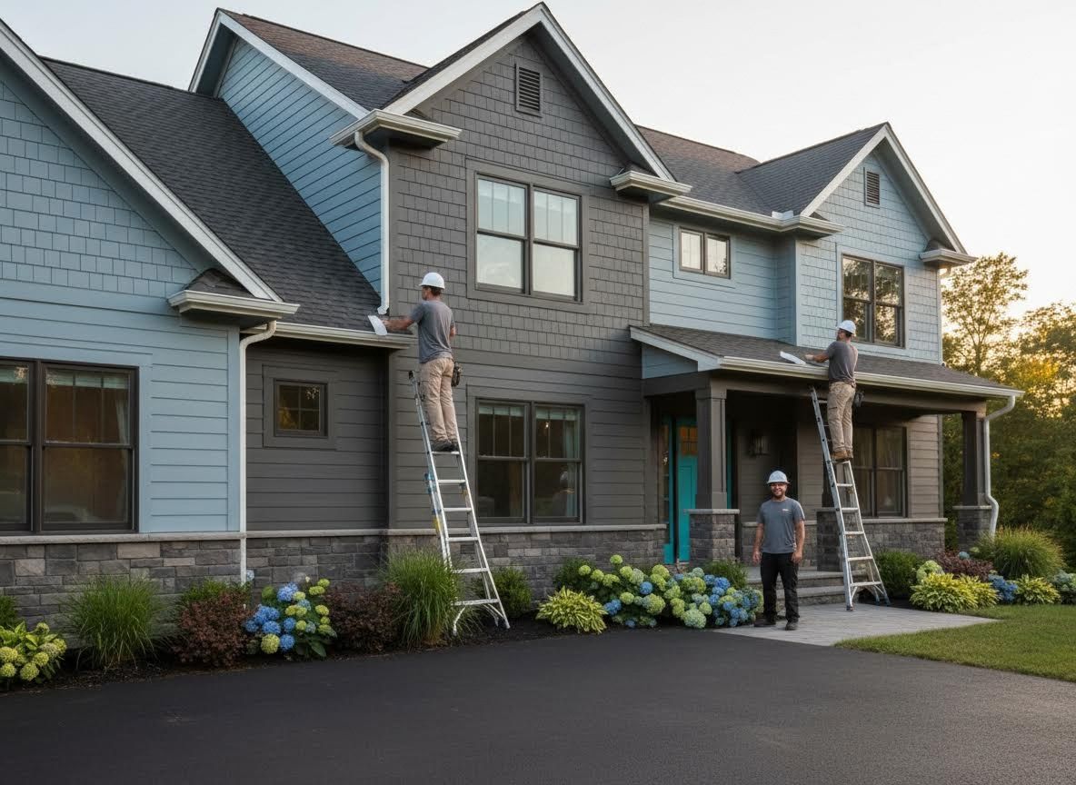Gutter installation on a modern blue and gray house