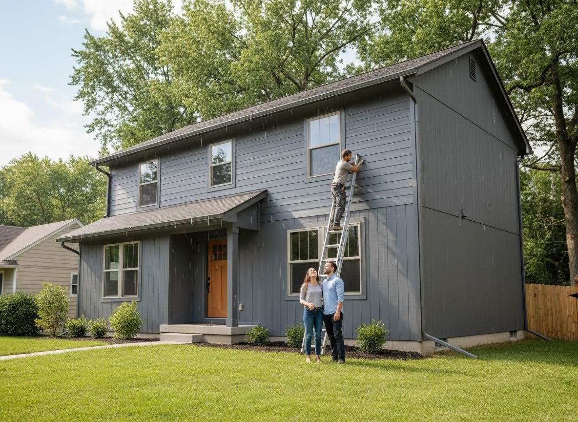 Couple and worker at modern gray house during light rain