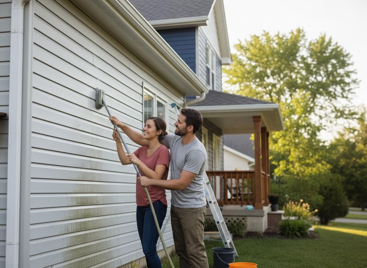 Couple Cleaning House Siding