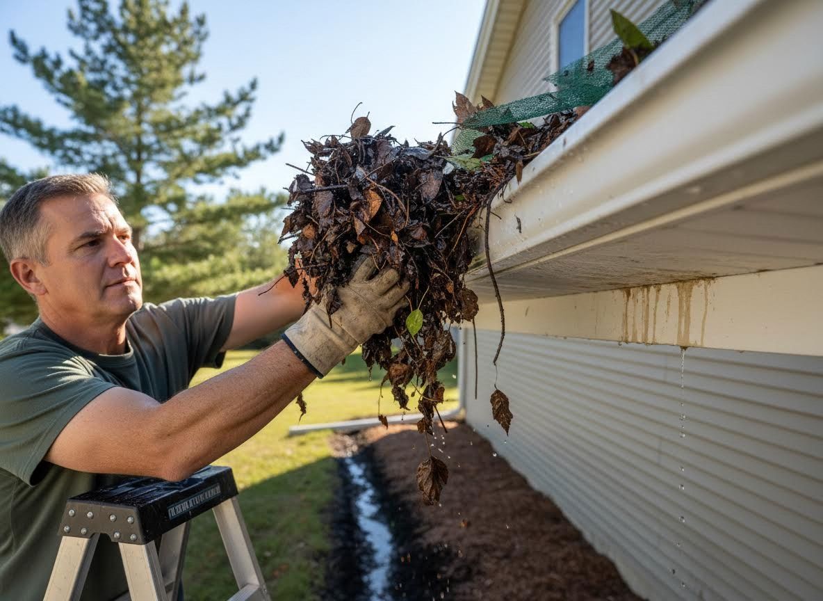 Man Cleaning Clogged House Gutter