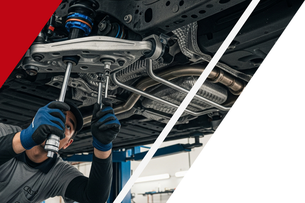 A mechanic adjusting a coilover suspension or sway bar underneath a lifted car in a repair shop.