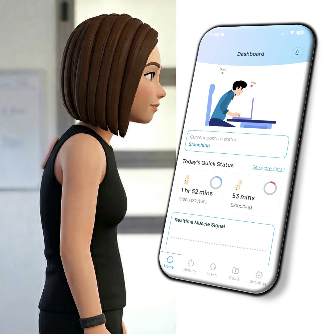 Slouching posture and app view showing poor posture