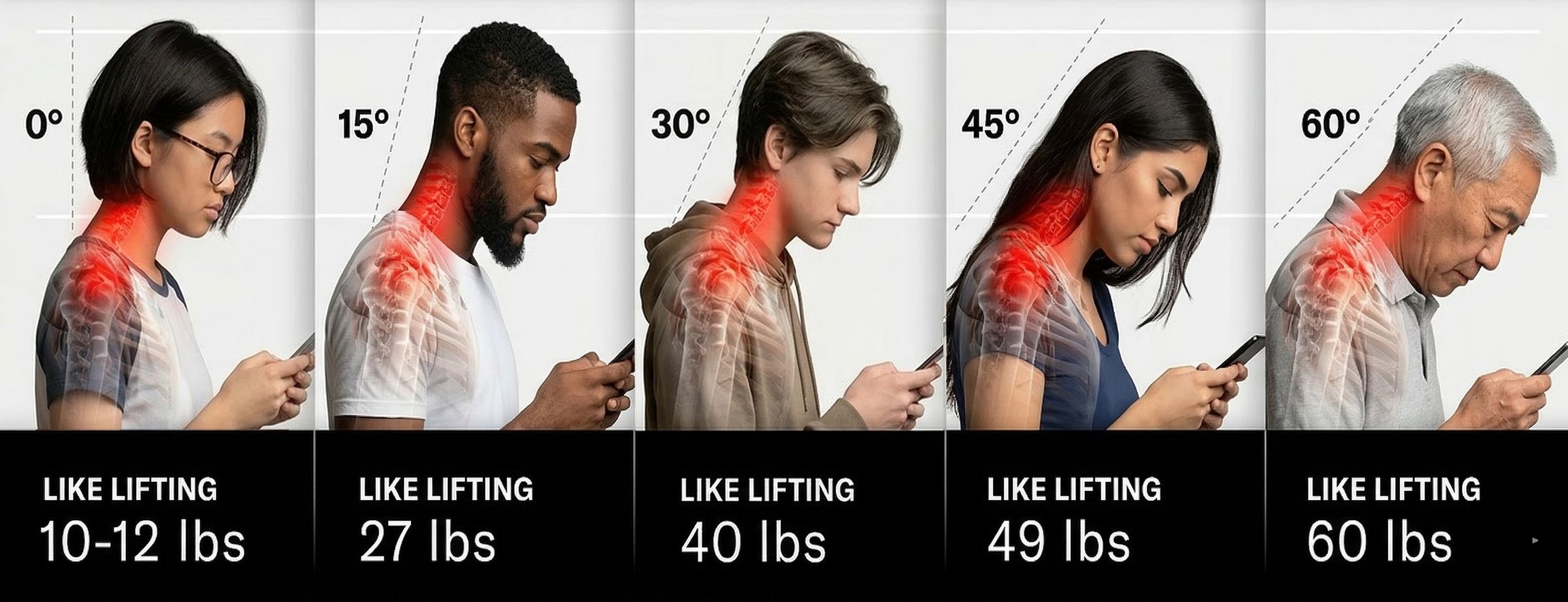 Illustration of tech neck, kyphosis, and forward head posture