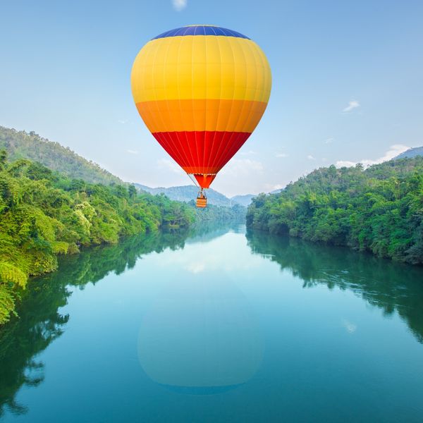 hot air balloon over river