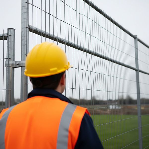 A construction worker staring at a fence