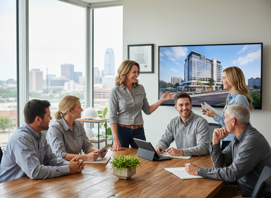 Five professionals in a modern office meeting, discussing a new building design displayed on a large screen with a city view background. Team of construction and design professionals reviewing a building project