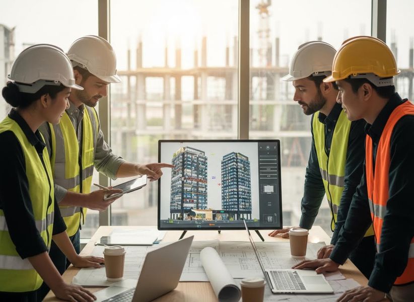 Construction team reviewing architectural plans on screen