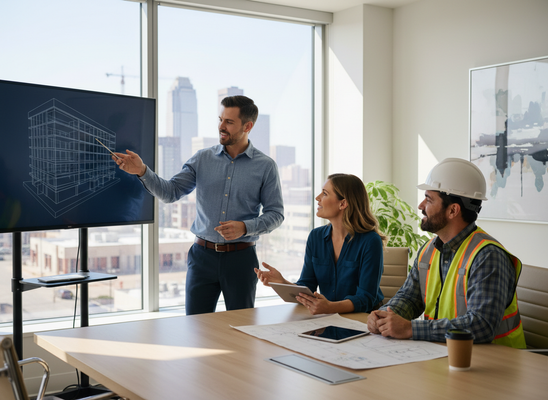 A man points to a digital building blueprint on a screen, explaining it to a woman and a construction worker in a modern office meeting. Professionals Discussing Building Blueprint