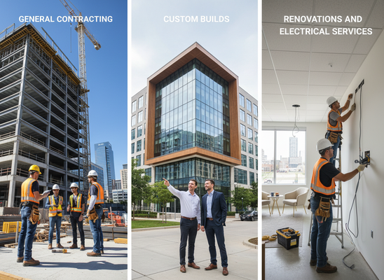 A triptych showing general contracting (workers at a construction site), custom builds (men in front of a modern building), and renovations (electricians working indoors). Construction and Building Services Overview