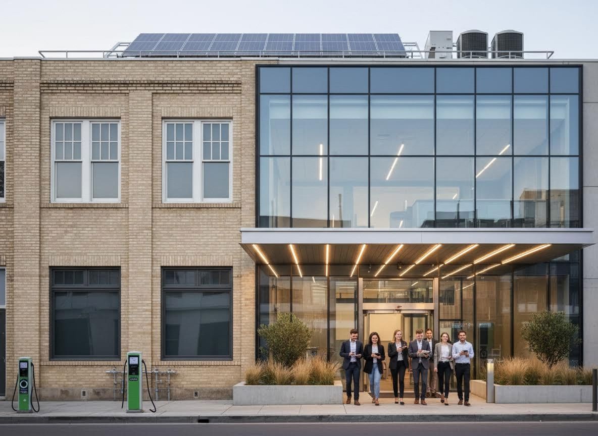 Modern Office Building with Professionals and EV Charging Stations