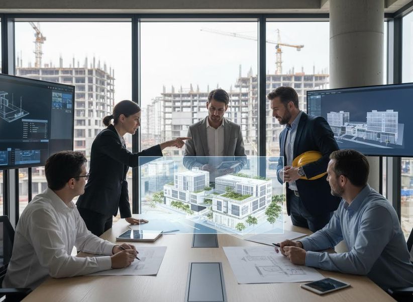 Architects and Engineers Reviewing Holographic Building Model